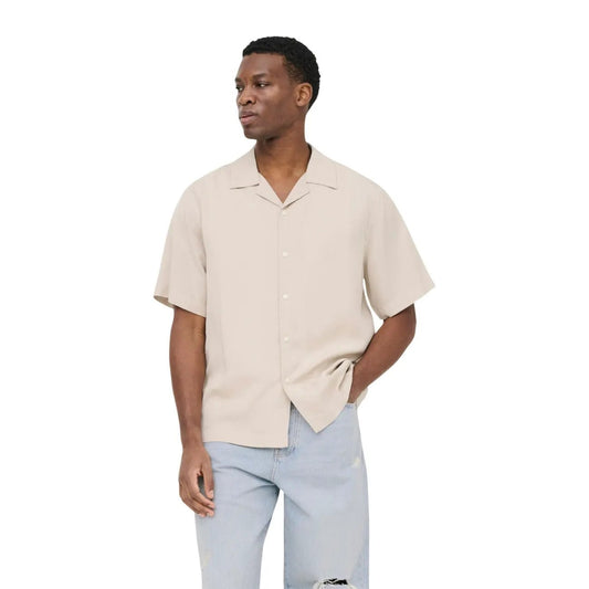 Only And Sons Mens Tencel V Neck Regular Fit Beige Short Sleeve Shirt by Only & Sons