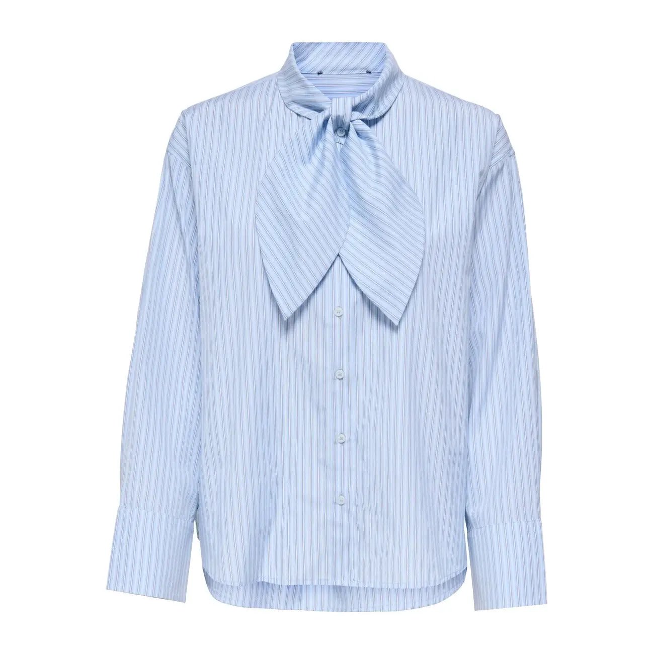 Only Women Elegant Light Blue Striped Classic Neck Tie Long Sleeve Shirt by Only