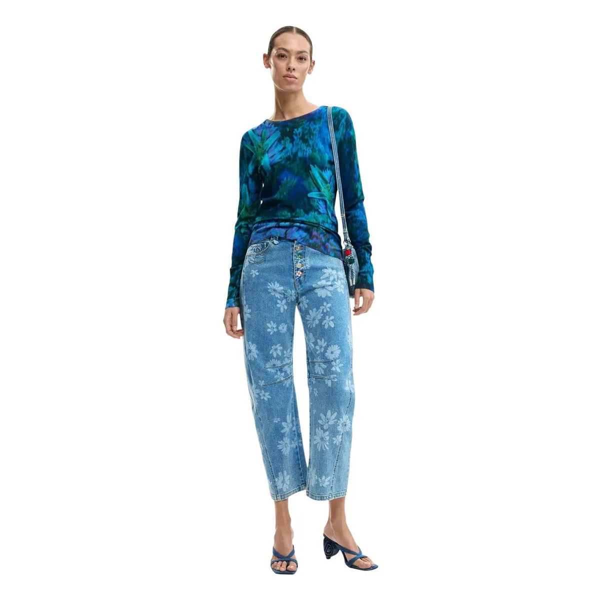 Desigual Women Blue Floral Long Sleeve Viscose Blend Knitwear Sweater by Desigual