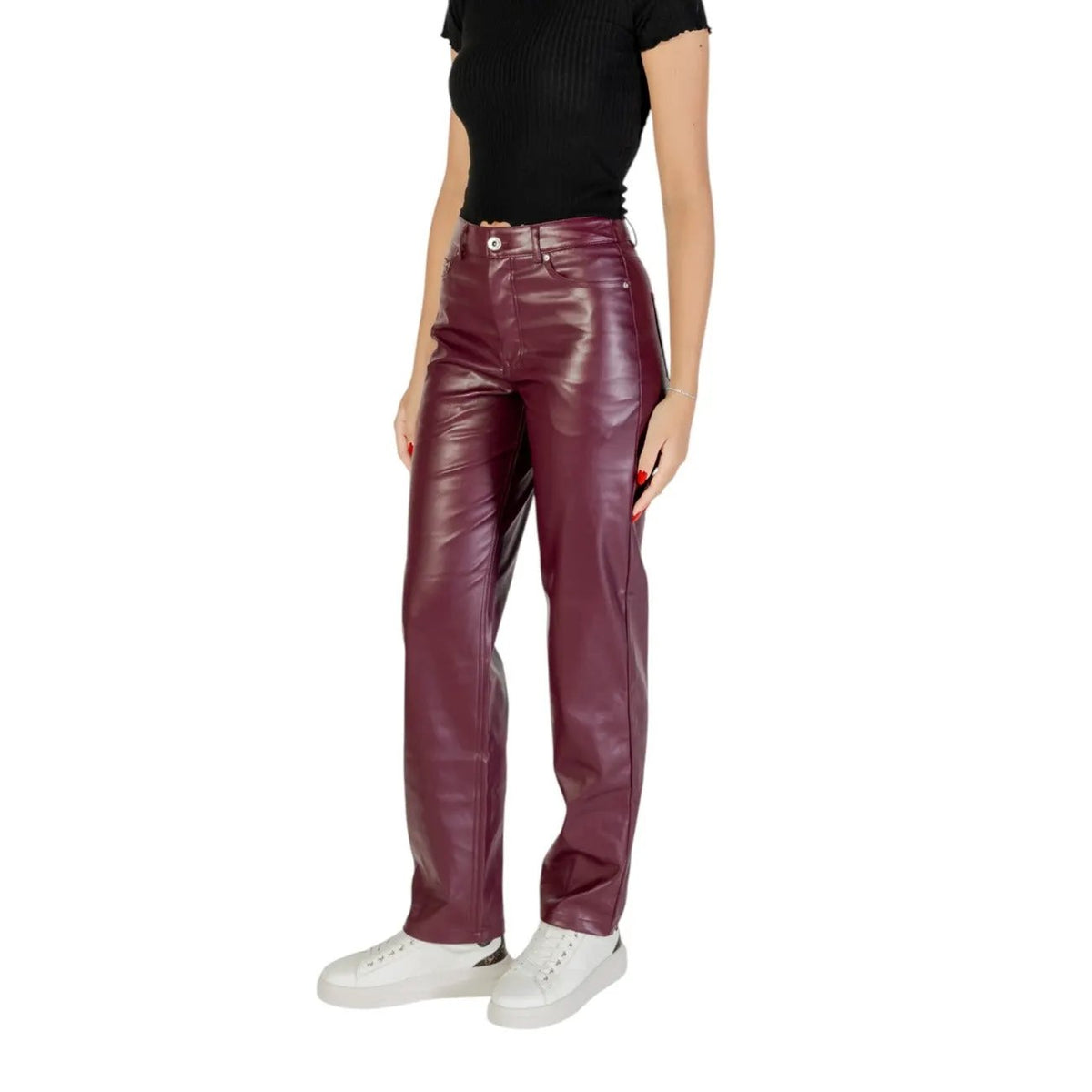 Only Women Purple Leather Look Trousers High Waist Zip Button Front Pockets by Only