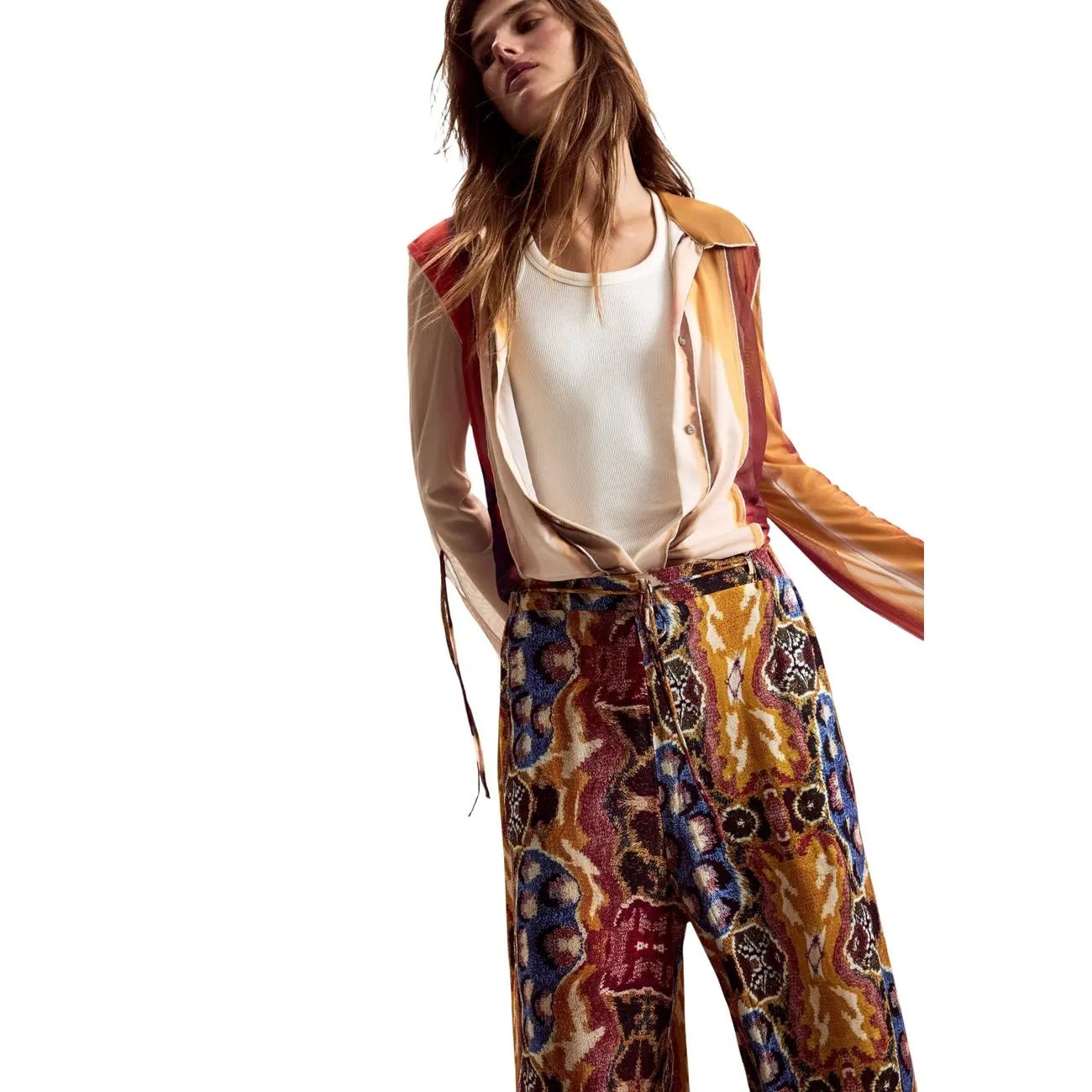 Desigual Women Trendy Printed Viscose Trousers With Belt Mustard Pattern by Desigual