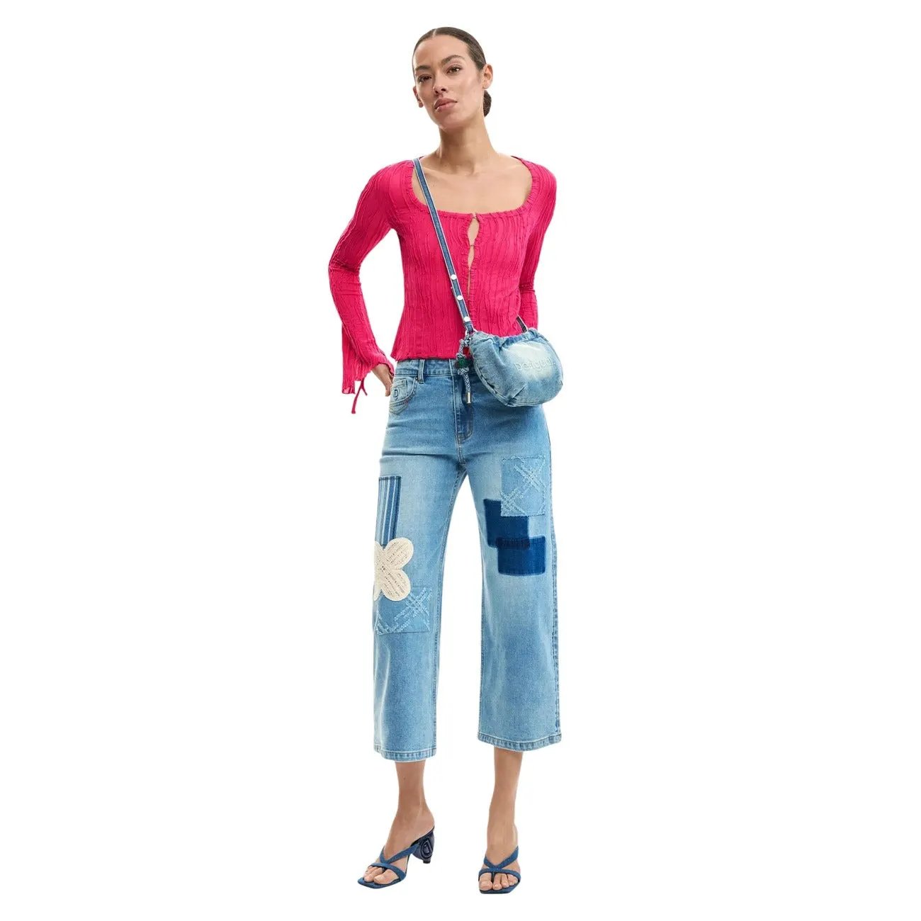 Desigual Women Light Blue Patchwork Wide Leg Jeans Stretch Comfort by Desigual
