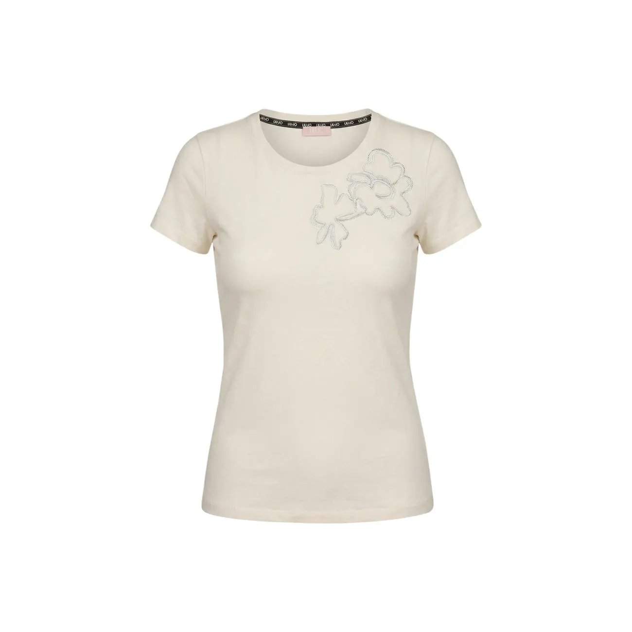 Liu Jo Women T Shirt Soft Cotton Embroidered Floral Detail Beige by Liu Jo