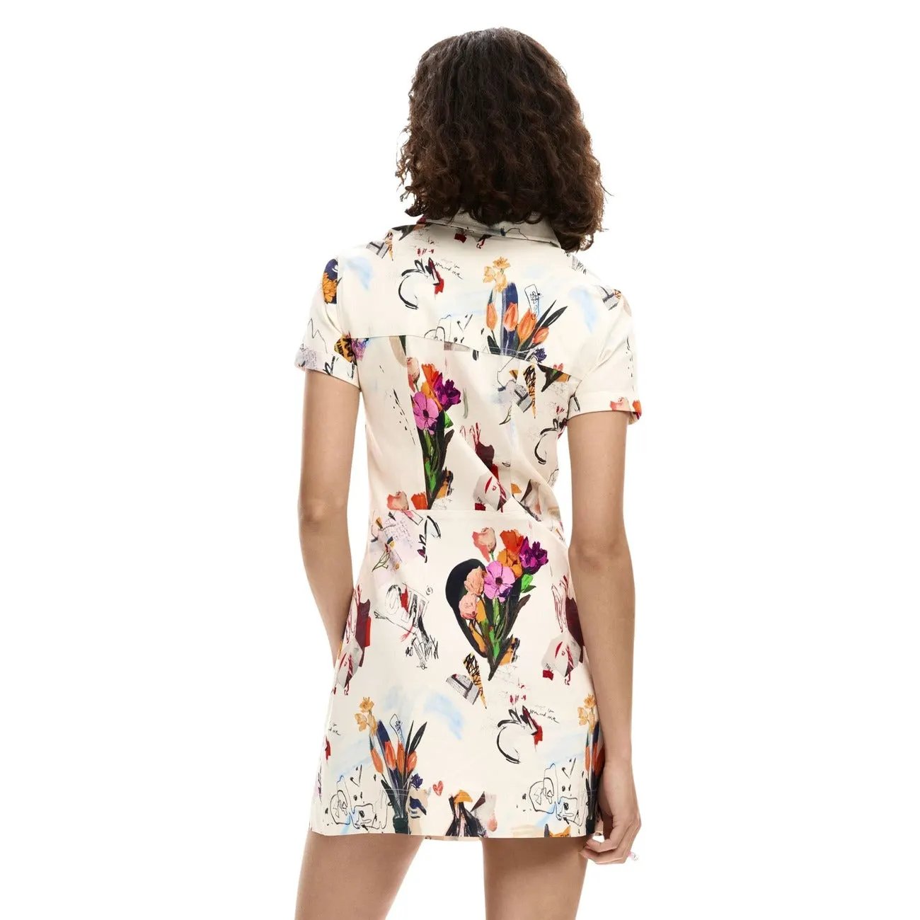 Desigual Women Elegant Floral Button Shirt Dress Front Pocket Beige by Desigual
