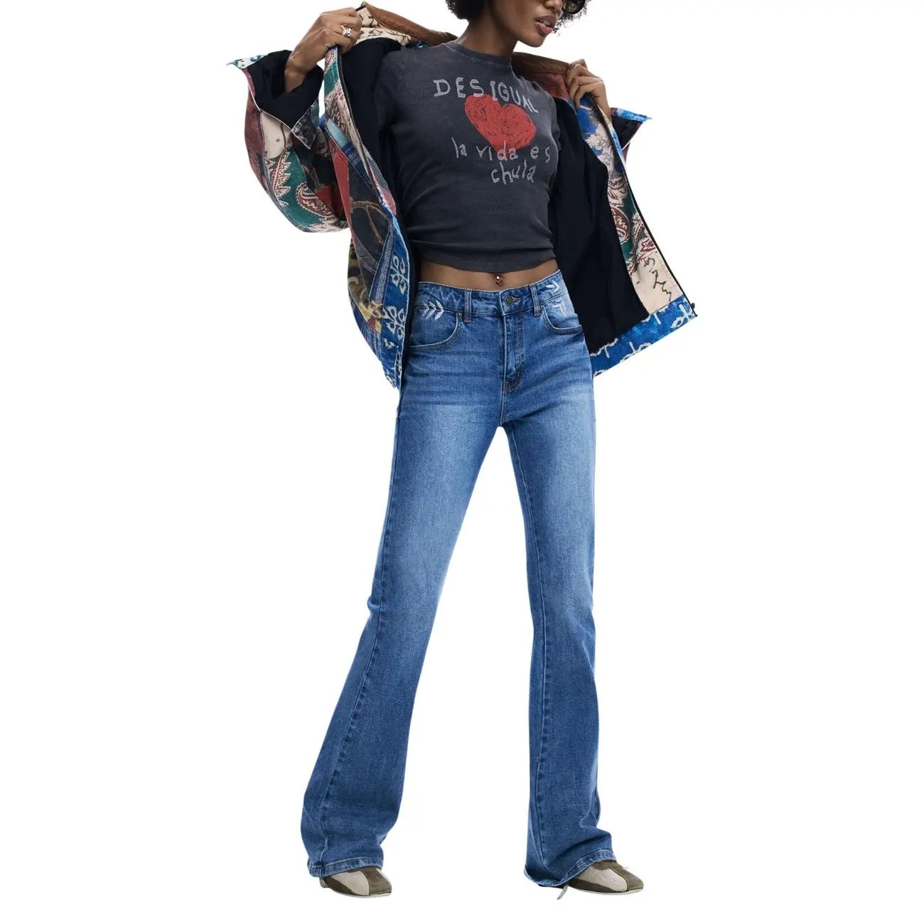 Desigual Women Blue Stretch Jeans Comfortable High Rise Flare Denim Pants by Desigual