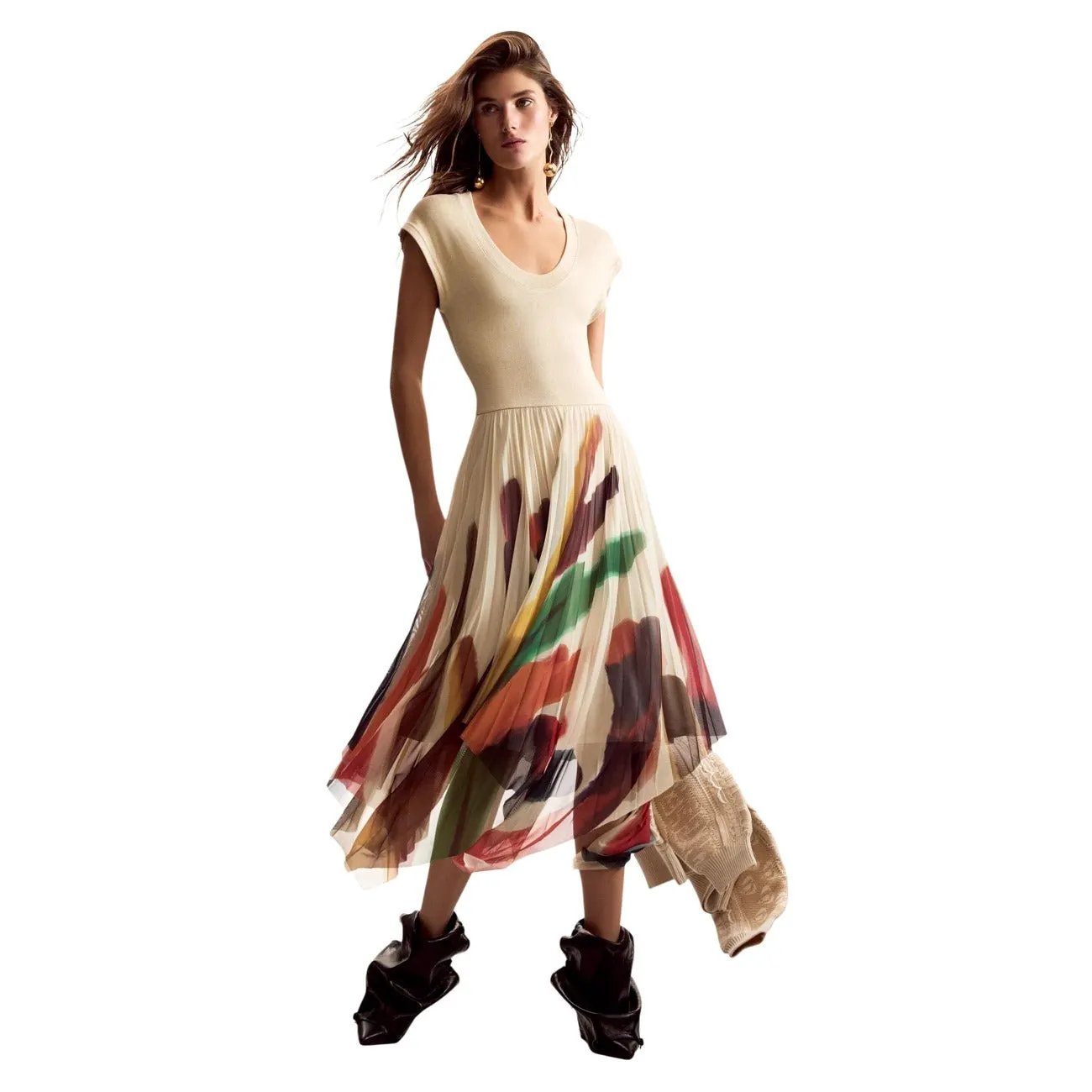 Desigual Women Beige Abstract Print Pleated Short Sleeve Dress Summer Elegant by Desigual