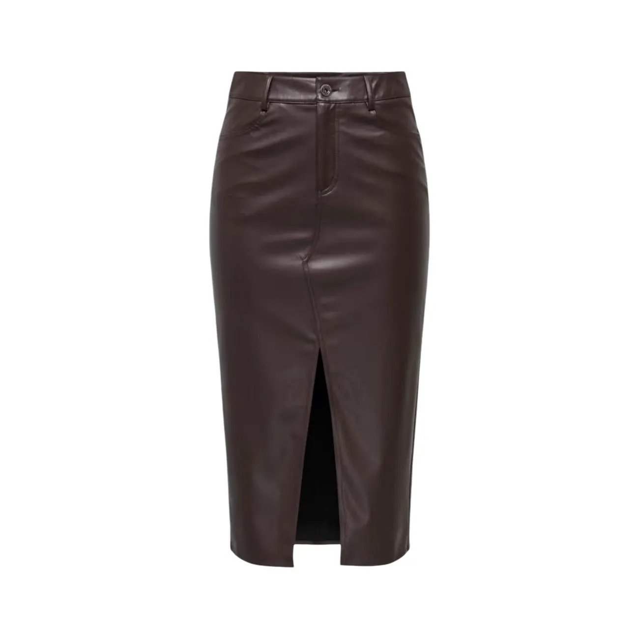 Only Women's Brown Faux Leather Pencil Skirt Slim Fit Side Pockets by Only