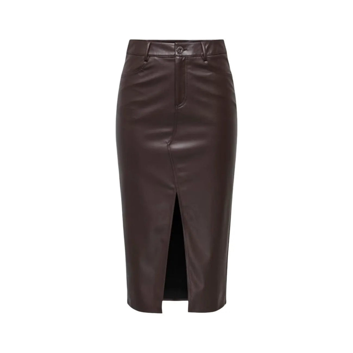 Only Women's Brown Faux Leather Pencil Skirt Slim Fit Side Pockets by Only