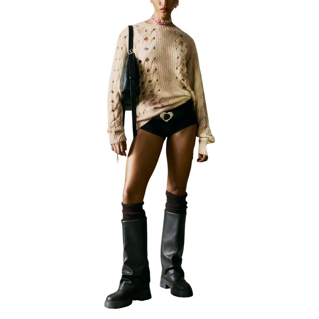 Desigual Women Beige Cable Knit Sweater Soft Wool Blend Pullover by Desigual