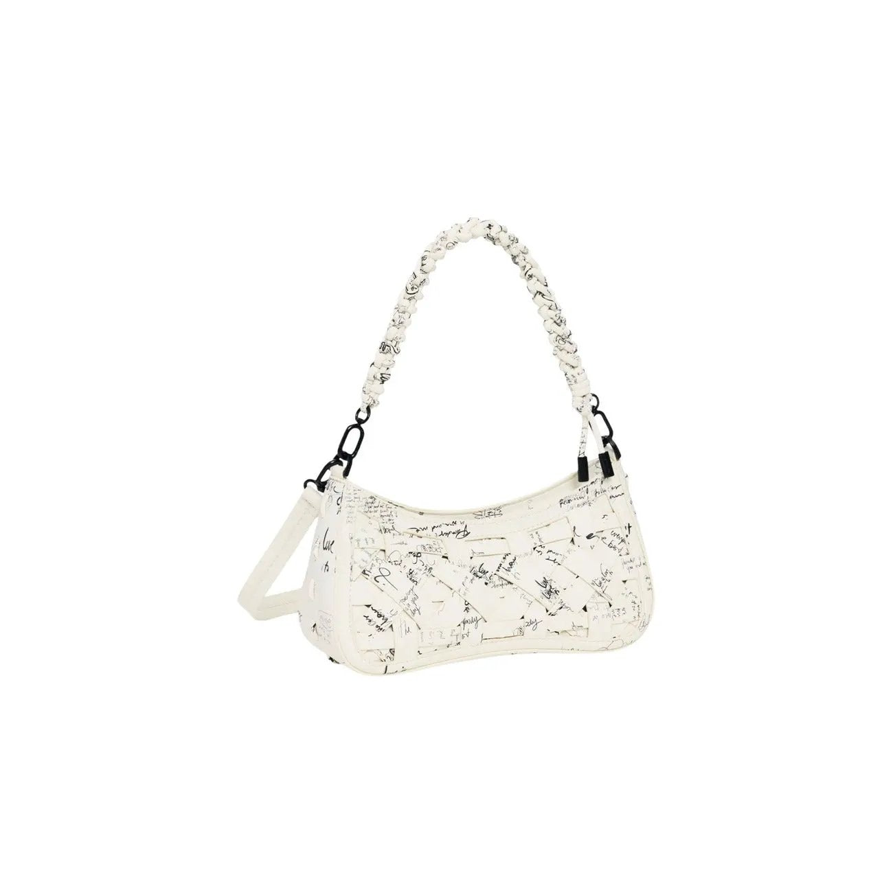 Desigual Women Beige Woven Script Handbag Elegant Zip Closure Bag by Desigual