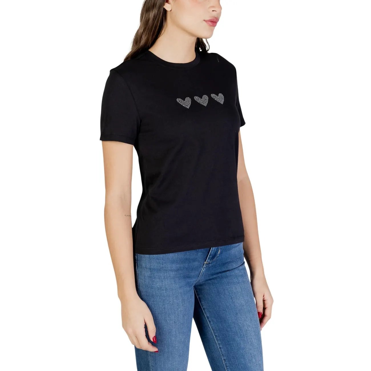 Stylish Only Women Black 100% Organic Cotton Heart Detail Short Sleeve T-Shirt by Only