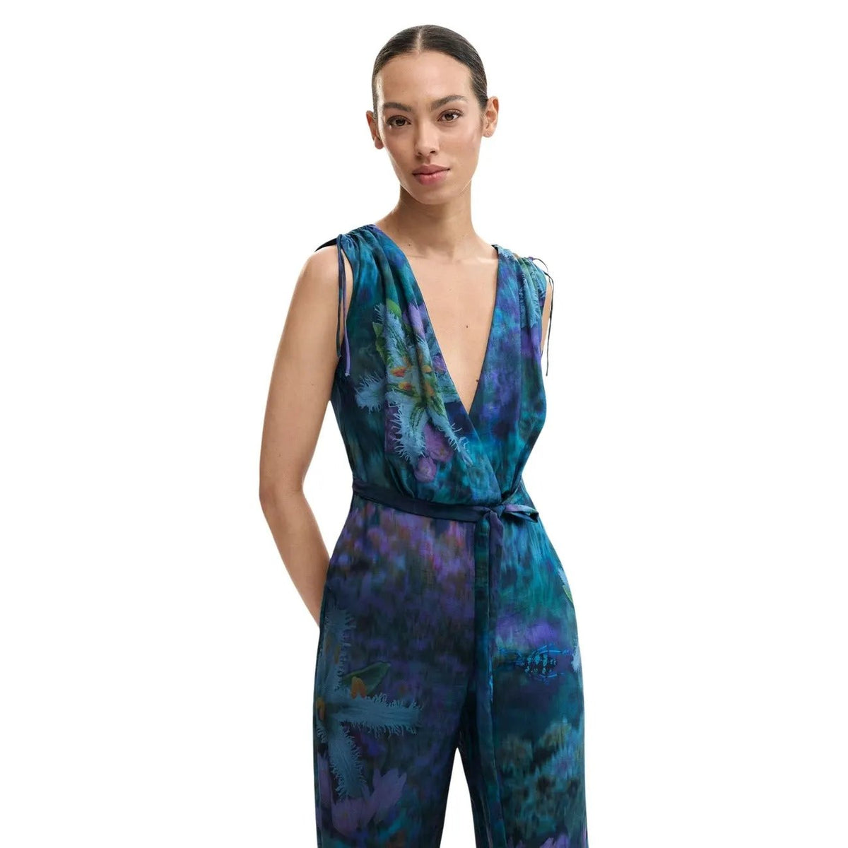 Desigual Women Elegant Blue Floral Print Sleeveless V Neck Jumpsuit by Desigual