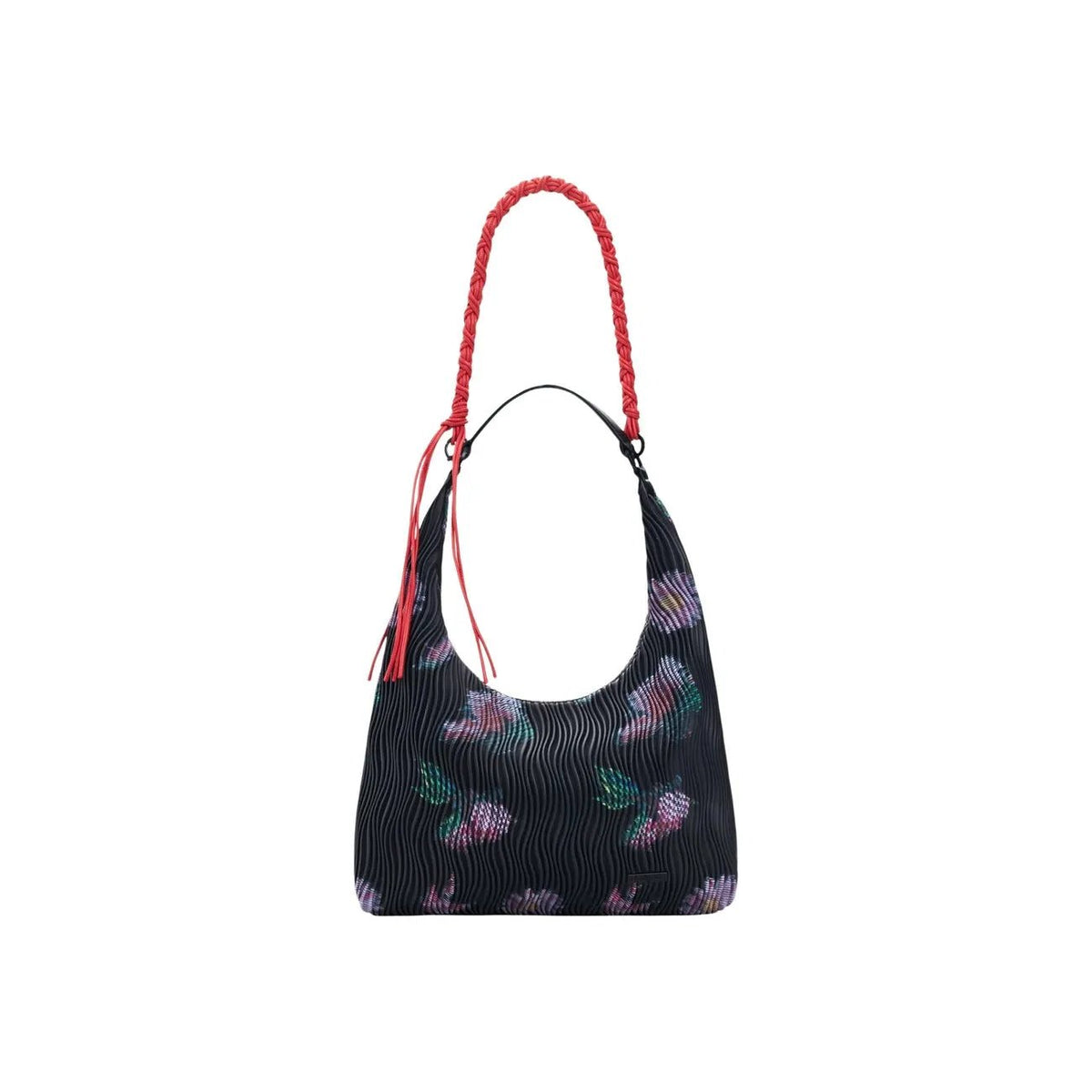 Desigual Women Black Floral Pleated Shoulder Bag With Red Braided Strap by Desigual