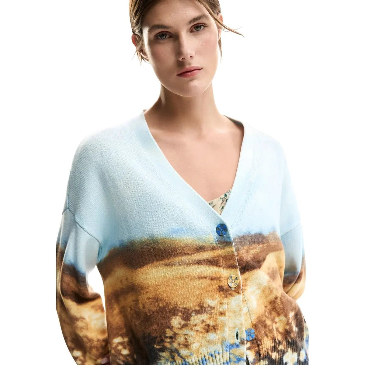 Desigual Women Long Sleeve Button V Neck Print Cotton Cardigan Light Blue by Desigual