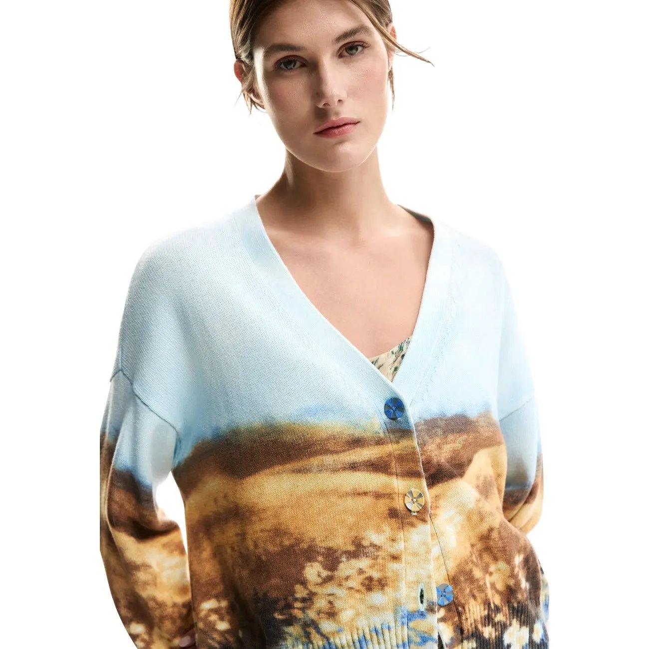Desigual Women Long Sleeve Button V Neck Print Cotton Cardigan Light Blue by Desigual