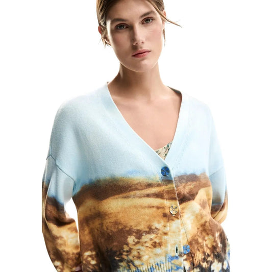 Desigual Women Long Sleeve Button V Neck Print Cotton Cardigan Light Blue by Desigual