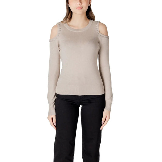 Stylish Only Women Beige Cold Shoulder Long Sleeve Knitwear Top With Studs by Only