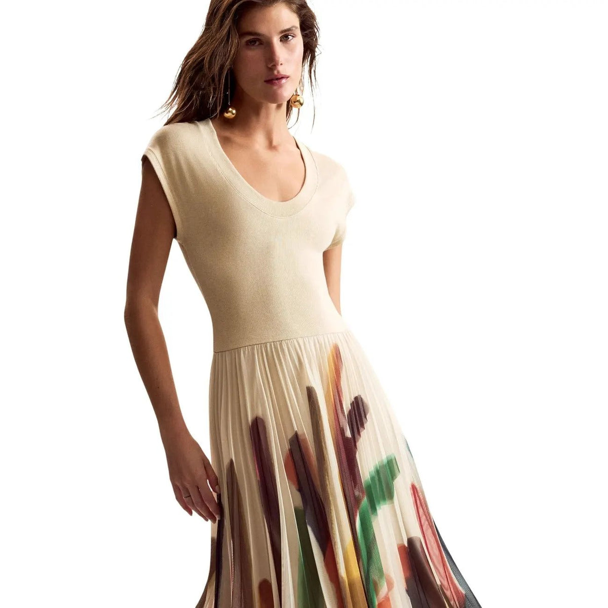 Desigual Women Beige Abstract Print Pleated Short Sleeve Dress Summer Elegant by Desigual