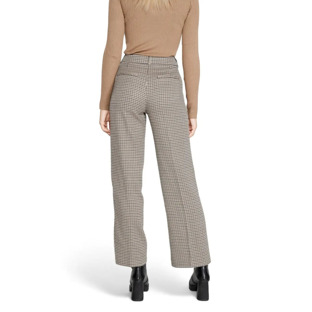 Only Women Checked Beige Flared Trousers With Zip Fastening Stretch by Only