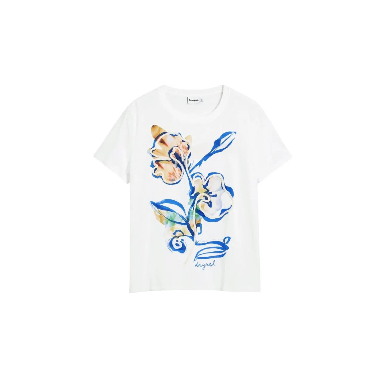 Premium Desigual Women White Floral Print Cotton Short Sleeve T-Shirt by Desigual