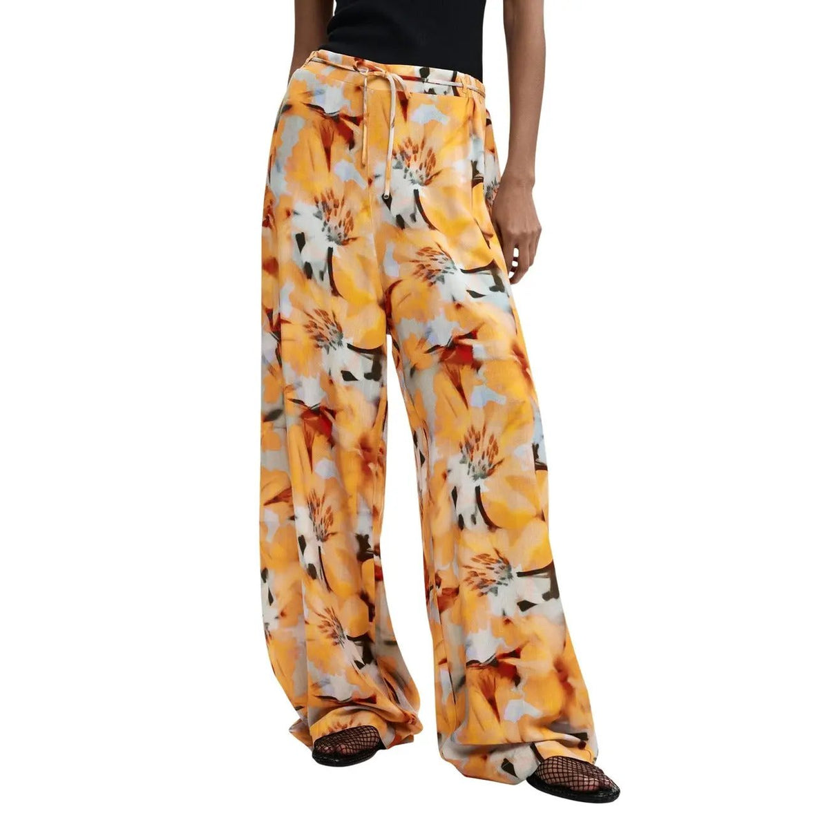 Desigual Women Vibrant Orange Floral Viscose Wide Leg Summer Trousers by Desigual