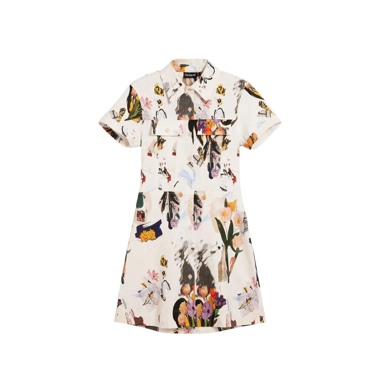 Desigual Women Elegant Floral Button Shirt Dress Front Pocket Beige by Desigual