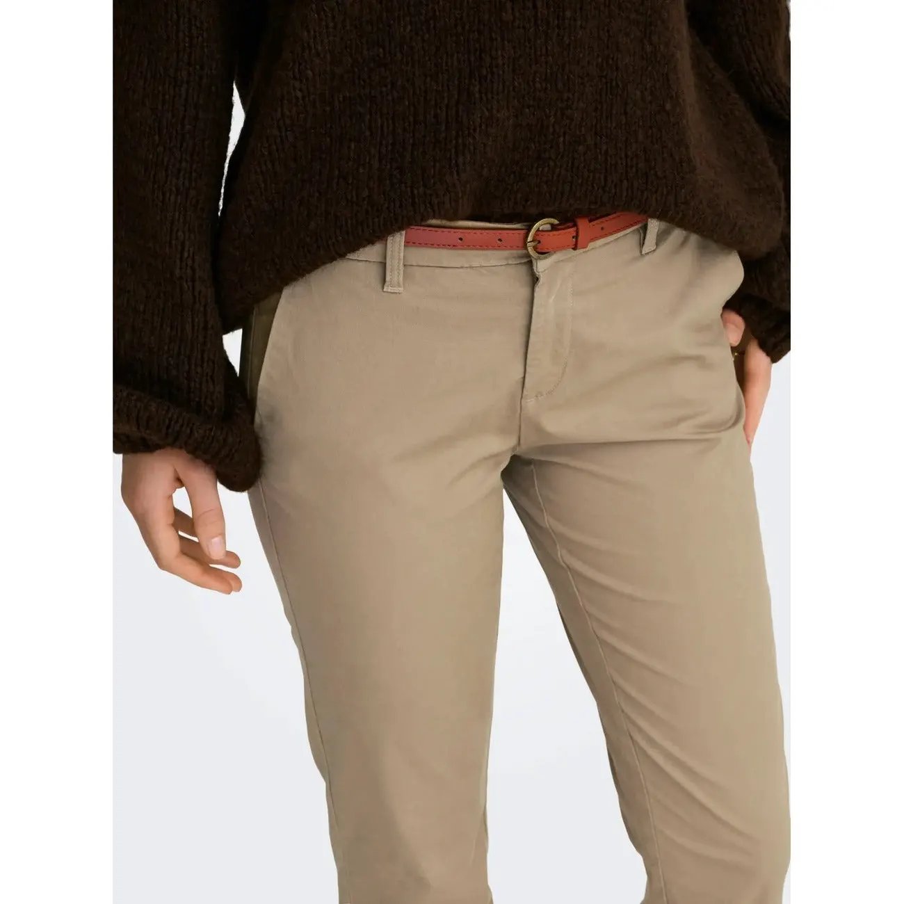 Only Women Cotton Stretch Trousers Comfortable Straight Fit Brown by Only