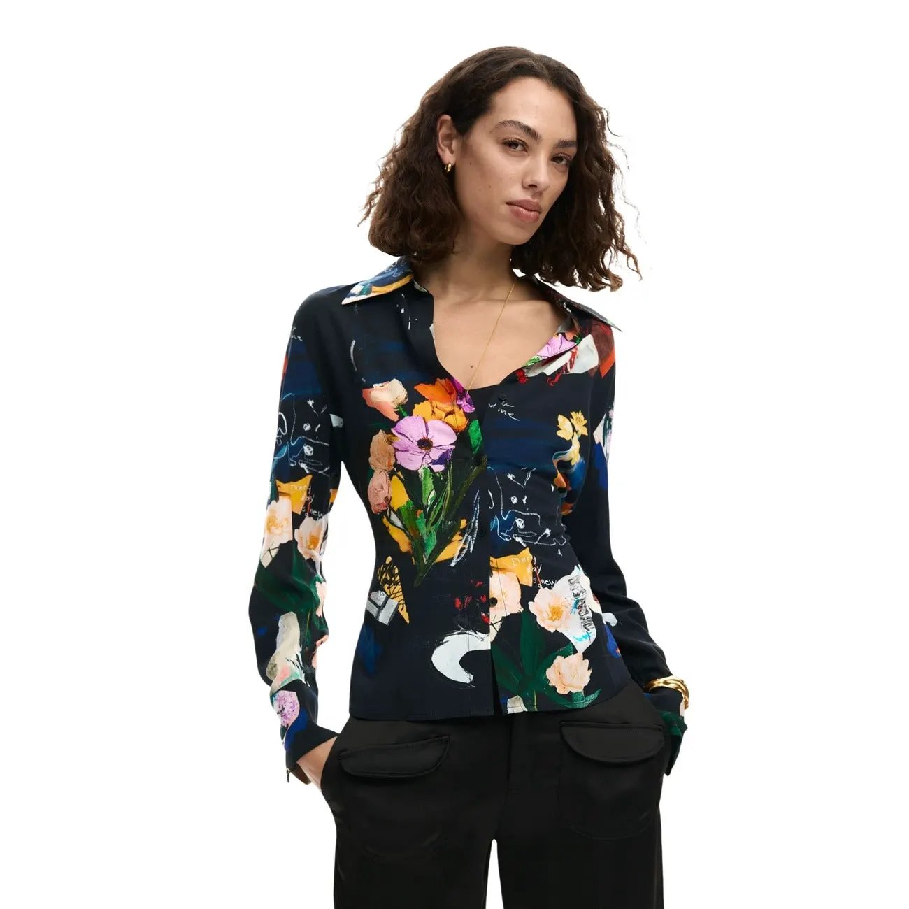 Desigual Women Elegant Black Floral V Neck Long Sleeve Button Shirt by Desigual
