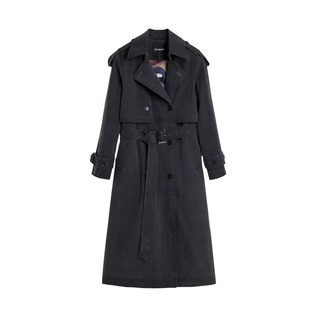 Desigual Women's Elegant Grey Belted Trench Coat With Lapel Collar Design by Desigual