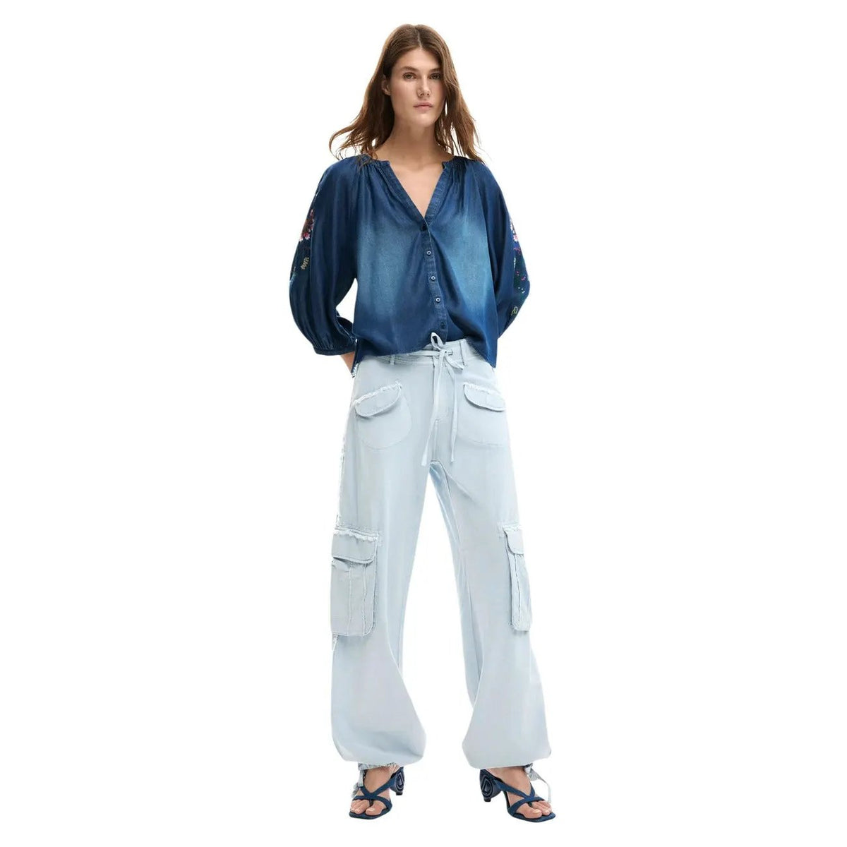Desigual Women Stylish Light Blue Cotton Viscose Cargo Trousers Summer by Desigual