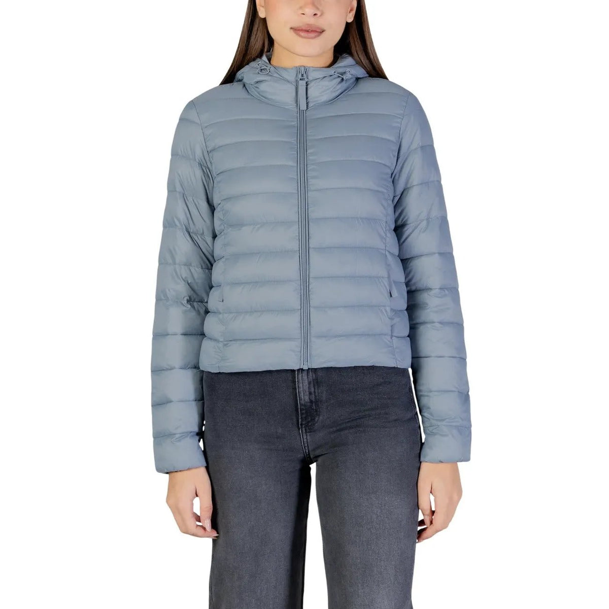 Only Women Quilted Hooded Jacket Light Blue Stylish Warm Zip Front by Only
