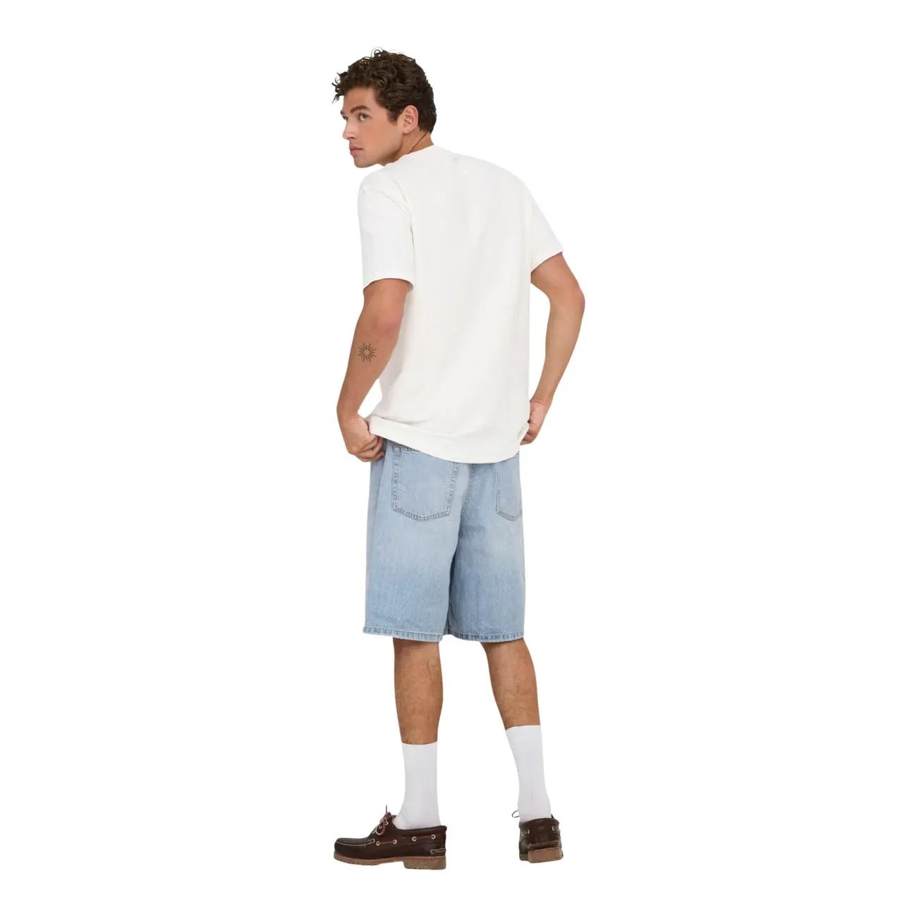 Only & Sons Men Blue Fade Organic Cotton Denim Shorts Relaxed Fit by Only & Sons