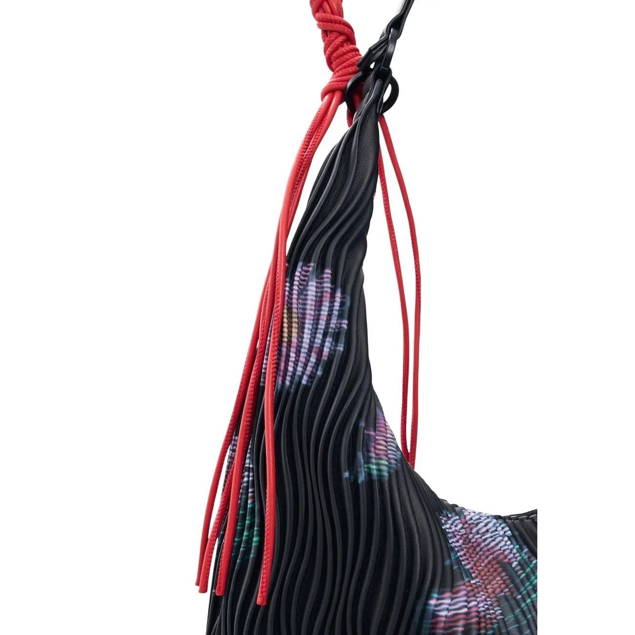 Desigual Women Black Floral Pleated Shoulder Bag With Red Braided Strap by Desigual