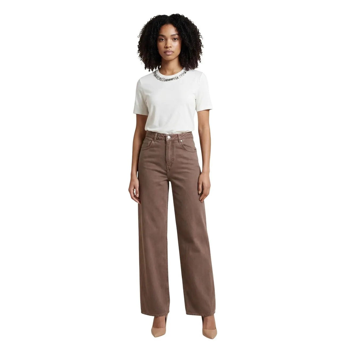 Only Women Brown Wide Leg Jeans High Waist Pure Cotton Comfort Fit by Only