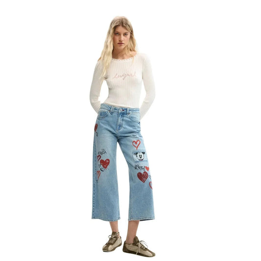 Desigual Women Stylish Light Blue Stretch Heart Print Wide Leg Jeans by Desigual