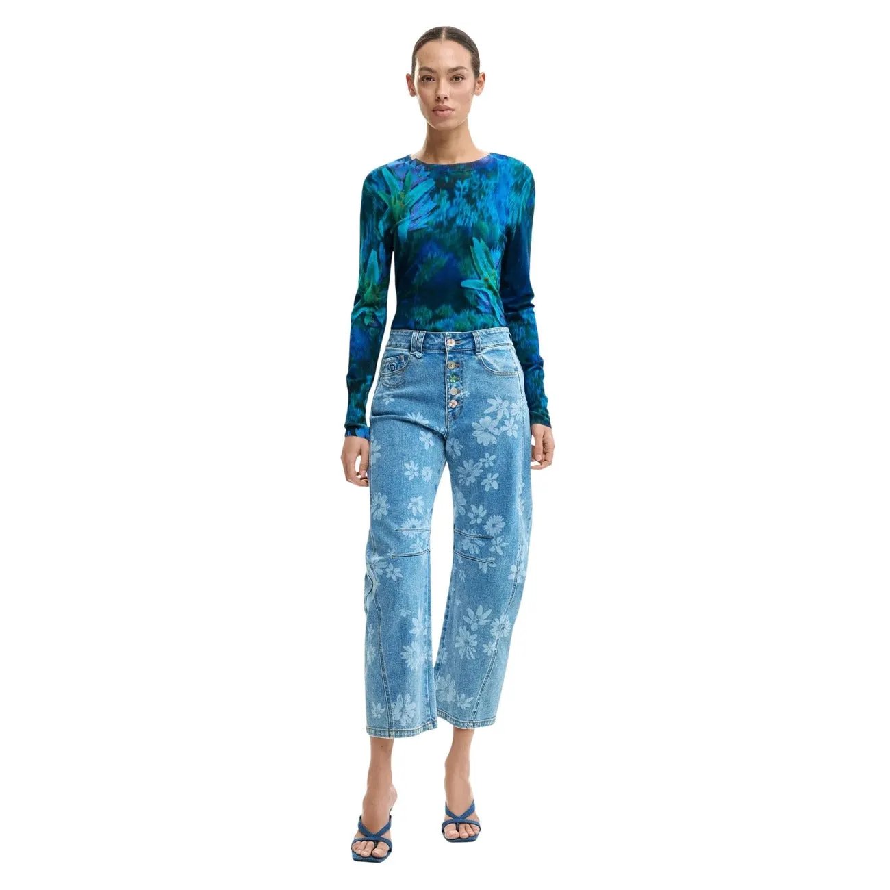 Desigual Women Floral Denim Jeans Light Blue Stretch Cotton Comfort Fashion by Desigual