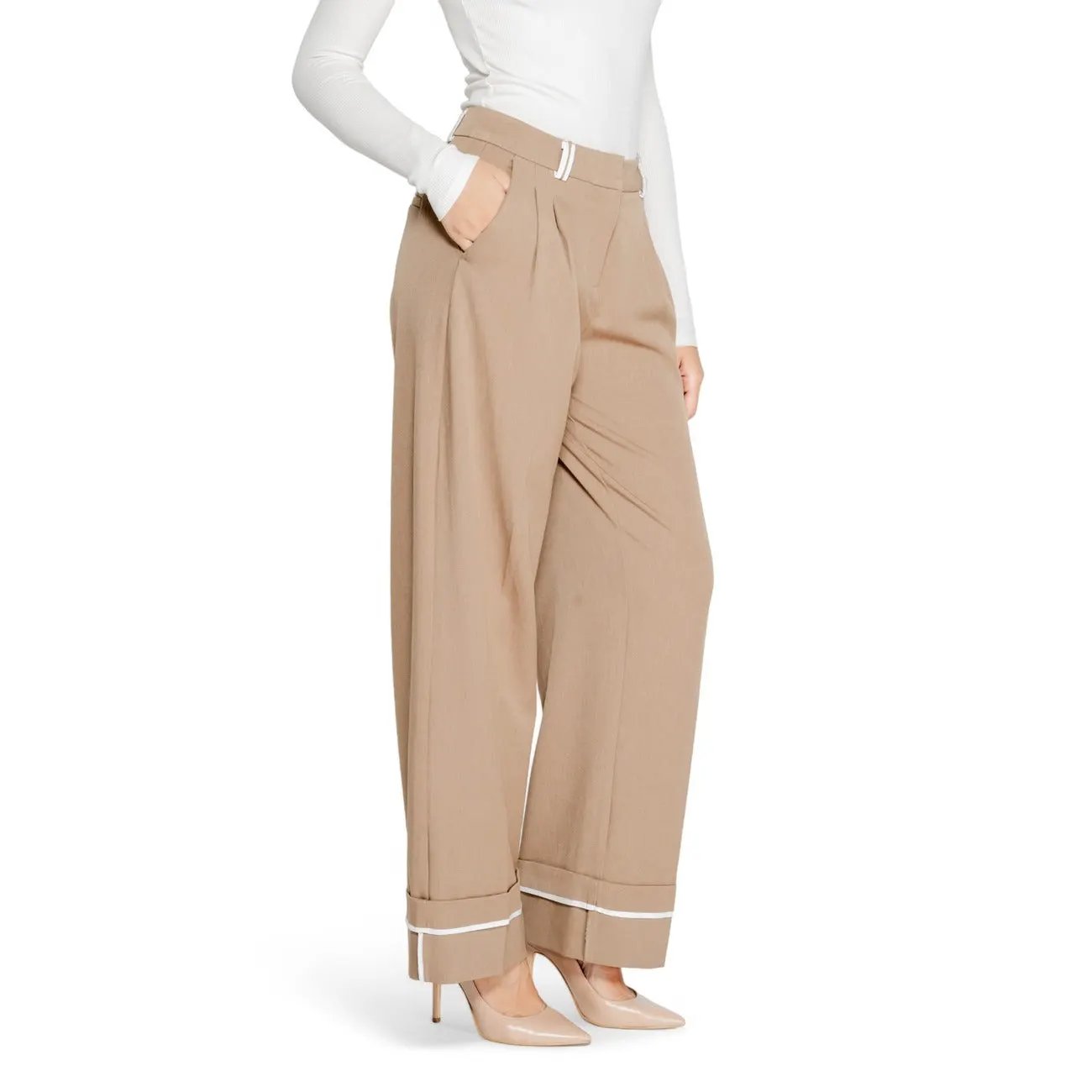 Only Women Brown Wide Leg Trousers Elegant Stretch Comfort Fabric by Only