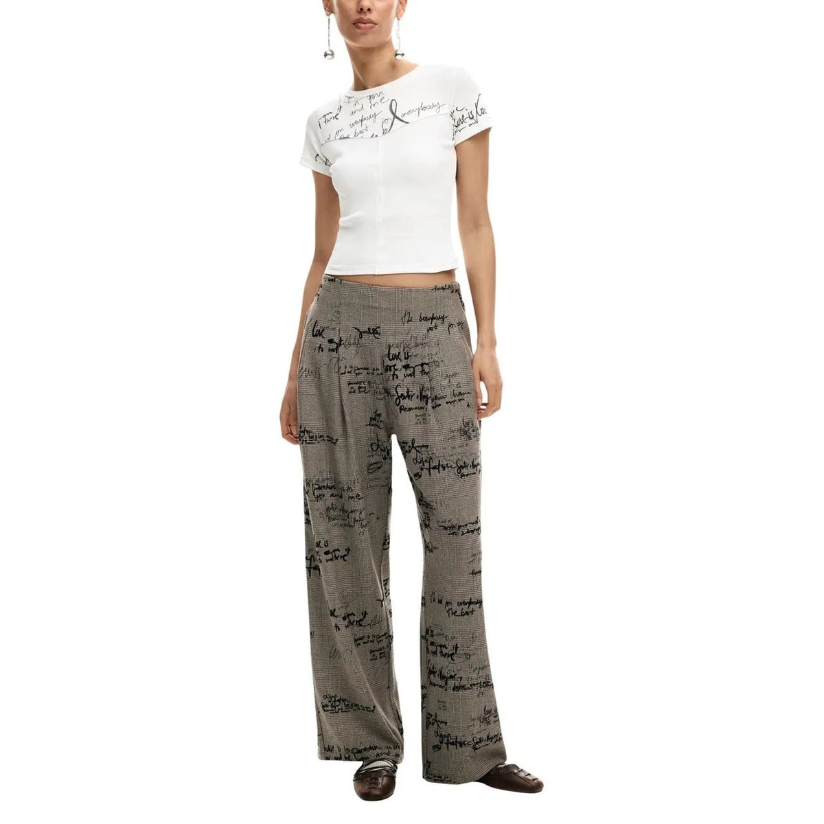 Desigual Women Grey Print Wide Leg Trousers With Zip Fastener Stretchy by Desigual
