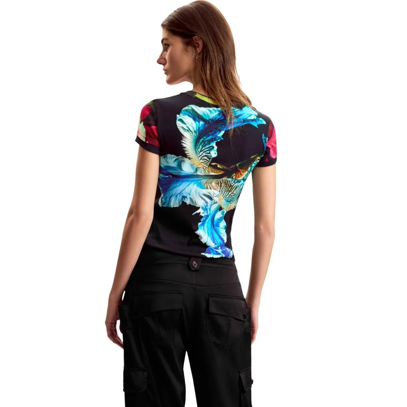 Desigual Women Beautiful Floral Cotton T Shirt Short Sleeve Top Blue by Desigual