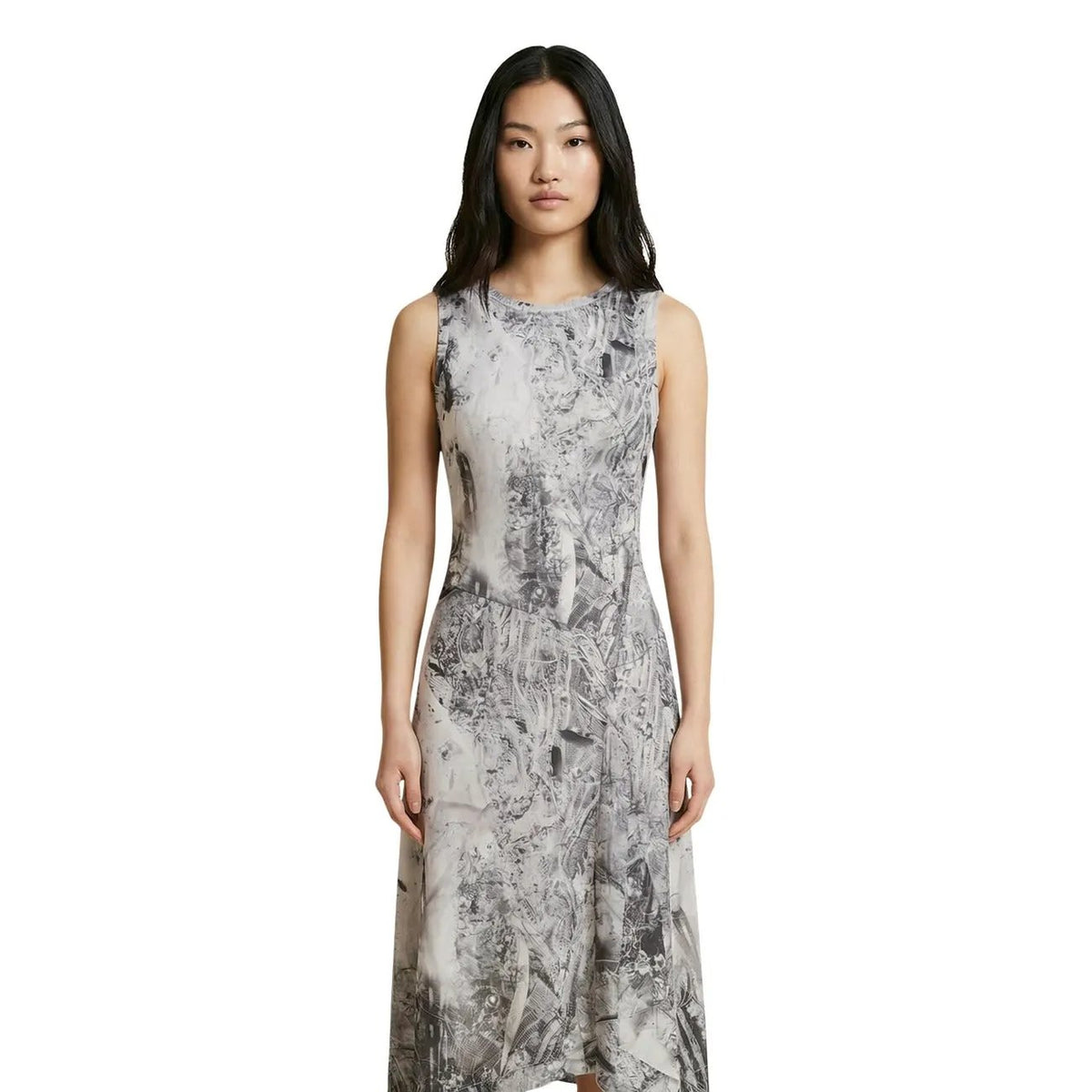 Desigual Women Grey Sleeveless Abstract Print Elastic Midi Asymmetric Dress by Desigual
