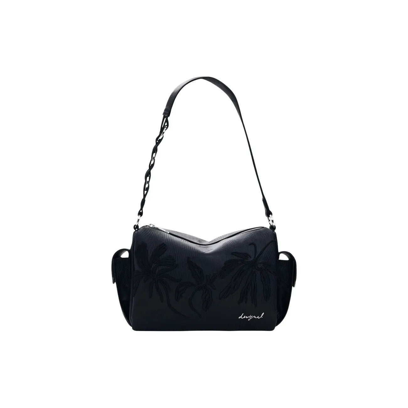 Desigual Women Premium Black Floral Embossed Shoulder Handbag With Zip Pockets by Desigual