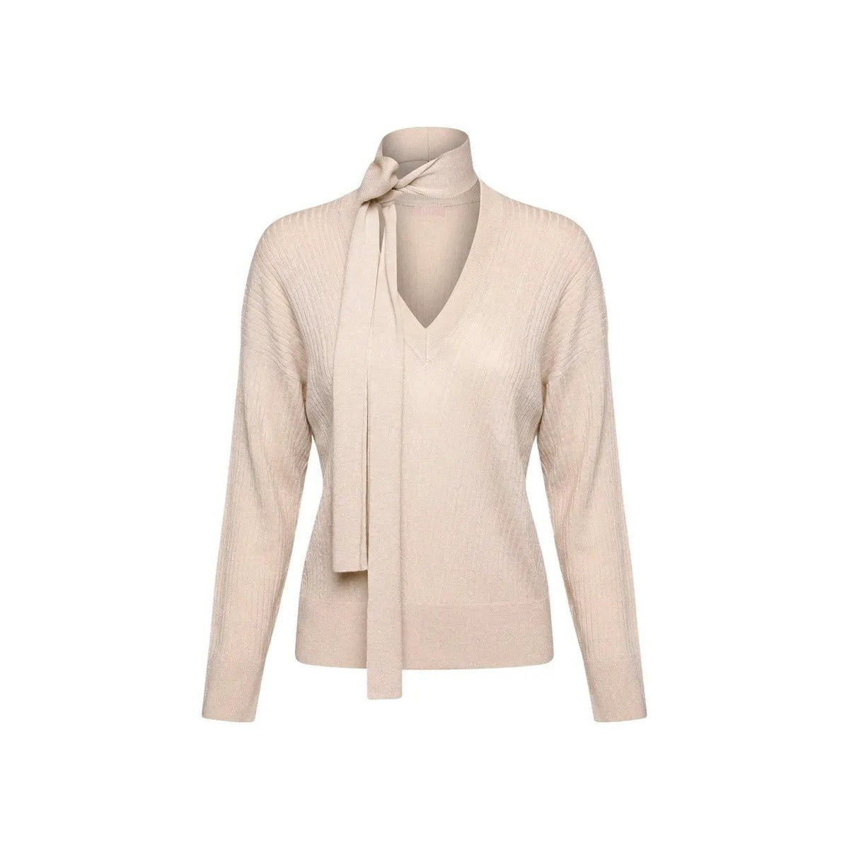 Liu Jo Women Elegant Beige Ribbed V Neck Knitwear With Tie Detail by Liu Jo