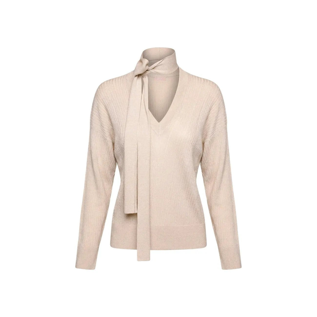 Liu Jo Women Elegant Beige Ribbed V Neck Knitwear With Tie Detail by Liu Jo