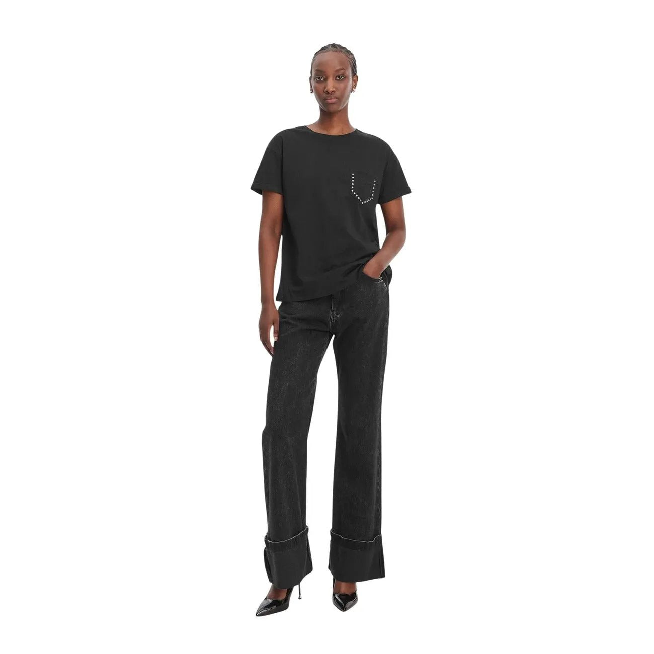 Liu Jo Women Black Cotton T-Shirt With Studded Pearl Details by Liu Jo