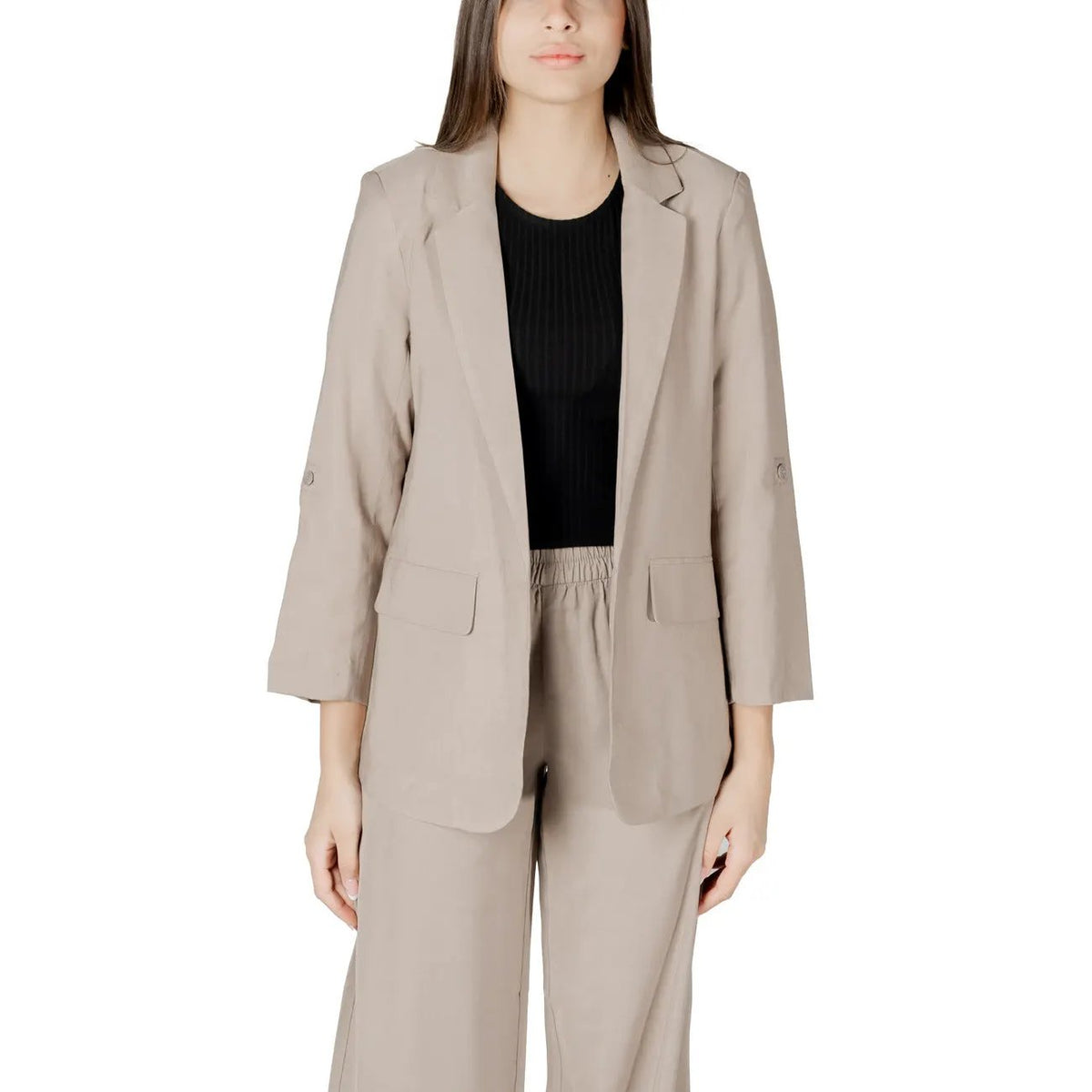 Only Women Beige Blazer Three Quarter Sleeves V Neck Lapel Collar Lightweight by Only