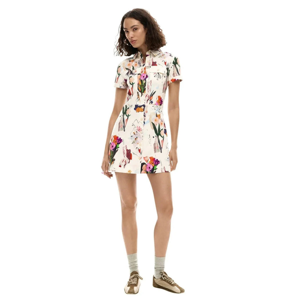 Desigual Women Elegant Floral Button Shirt Dress Front Pocket Beige by Desigual