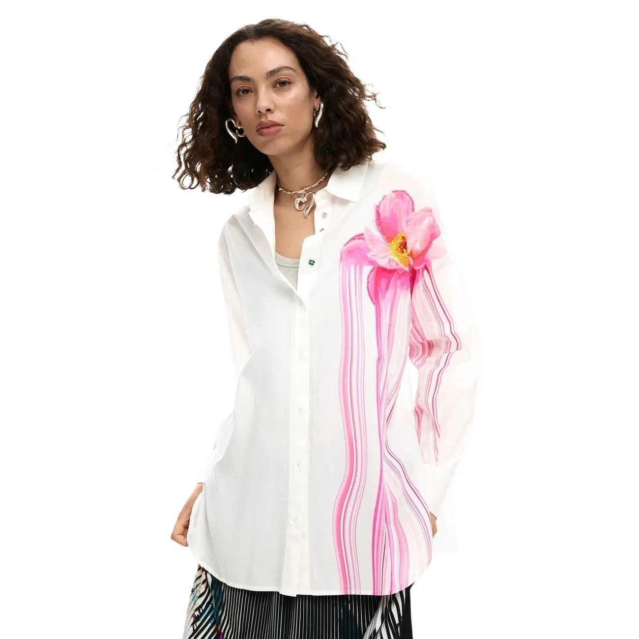 Desigual Women Classic White Long Sleeve Floral Cotton Button Down Shirt by Desigual