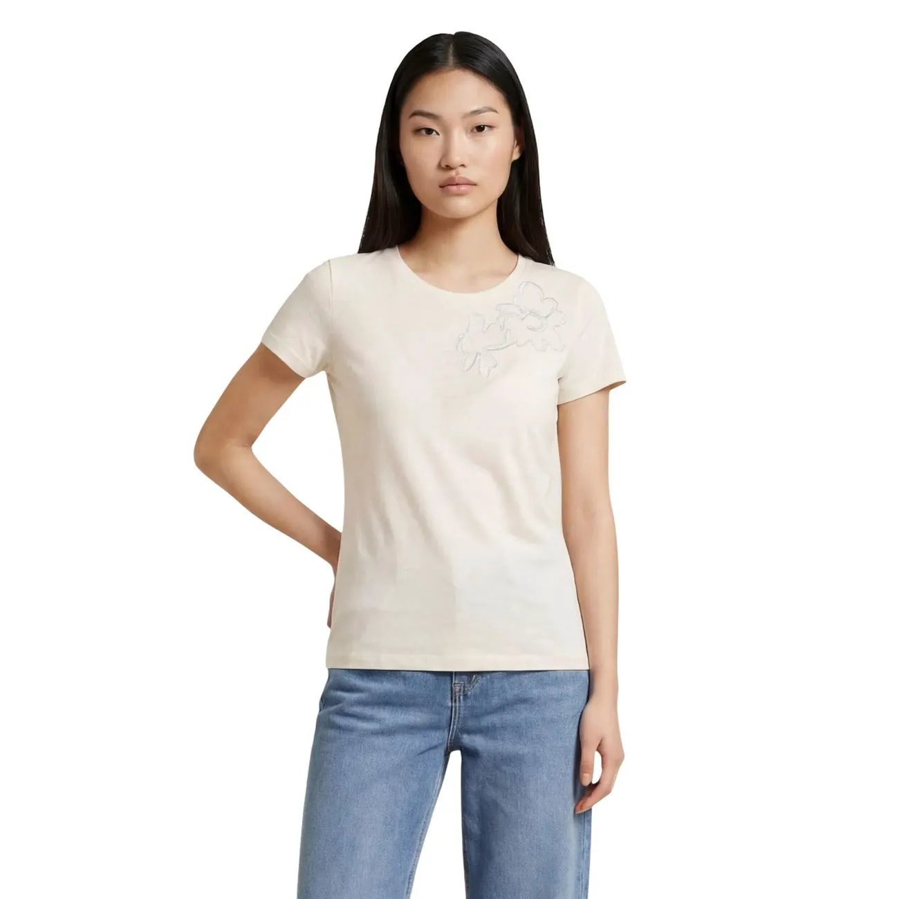 Liu Jo Women T Shirt Soft Cotton Embroidered Floral Detail Beige by Liu Jo