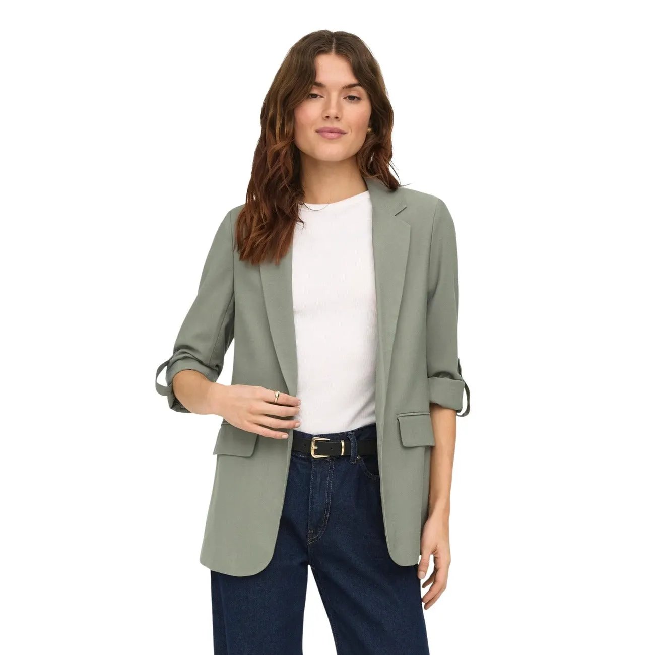 Only Women Beige Blazer Three Quarter Sleeves V Neck Lapel Collar Lightweight by Only