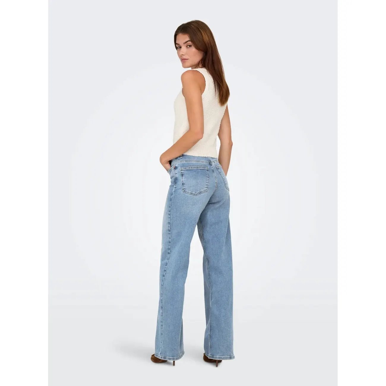 Trendy Only Women Light Blue Stretch Wide Leg Jeans With Split Hem by Only